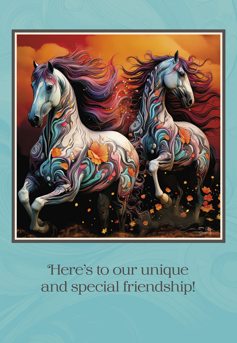 Front of a vibrant friendship greeting card featuring two artistically embellished horses galloping against a fiery orange and blue sky. Text reads: "Here's to our unique and special friendship!"