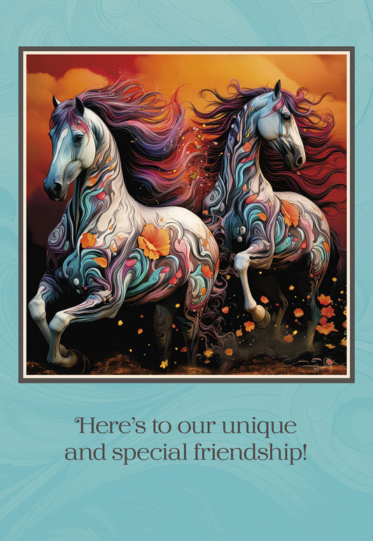 Front of friendship card showing two artistic, vibrant horses with flowing manes and floral patterns, text 'Here's to our unique and special friendship!'