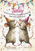 Whimsical birthday greeting card featuring two joyful mice in colorful party hats, surrounded by a shower of vibrant confetti and bunting, with the playful text 'today is for confetti, cake and anything else with sprinkles'.