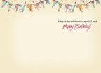 Inside of a cheerful birthday greeting card with watercolor party flags across the top. The message 'Today is for celebrating special you! Happy Birthday!' is printed, leaving ample blank space for a personalized note.