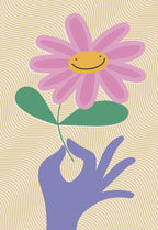 Charming greeting card featuring a purple hand holding a pink flower with a cheerful smiley face center, on a textured wavy cream background. Ideal for sending smiles to a friend.