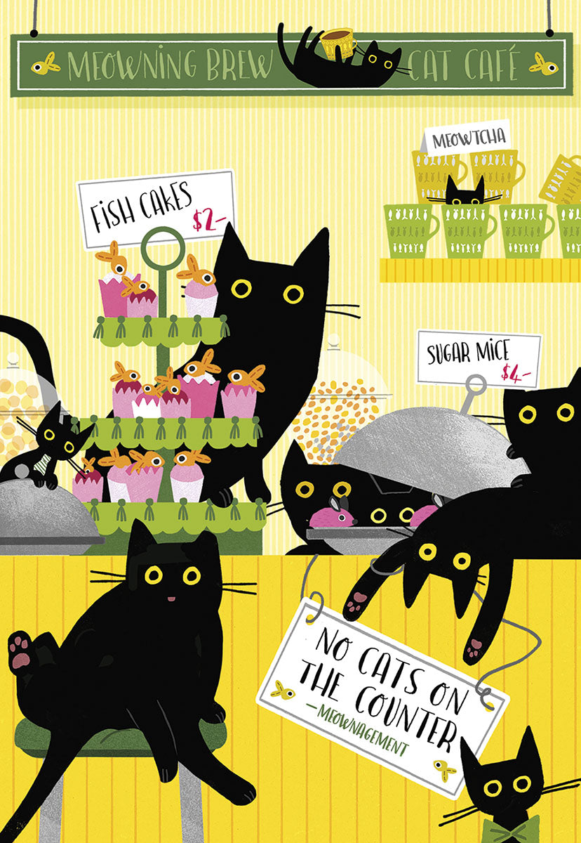 Whimsical illustration of a bustling cat cafe named 'Meowning Brew'. Black cats are playfully causing chaos, some on counters near 'Fish Cakes' and 'Sugar Mice', others in 'Meowtcha' cups. A sign reads 'No cats on the counter – Meownagement'. Perfect for funny greeting cards.