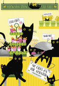 Humorous greeting card front featuring a busy cat cafe illustration. Playful black cats interact with treats like 'Fish Cakes' and 'Meowtcha' under a 'No Cats On The Counter' sign, all against a vibrant yellow striped background.
