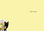 Inside of a funny cat-themed greeting card, showing a lone black cat peeking from behind a cupcake stand on a yellow striped background, with the playful text 'Meow's it goin'?' in black script.
