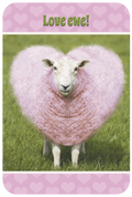 Funny pink sheep heart-shaped greeting card for a friend, featuring 'Love ewe!' text on a charming design.