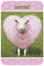 Funny pink sheep heart-shaped greeting card for a friend, featuring 'Love ewe!' text on a charming design.