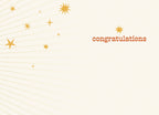 Inside of a new baby greeting card showing a cream background with golden sunburst lines and scattered stars, featuring the word 'congratulations' in orange text on the right side, ready for a heartfelt message.
