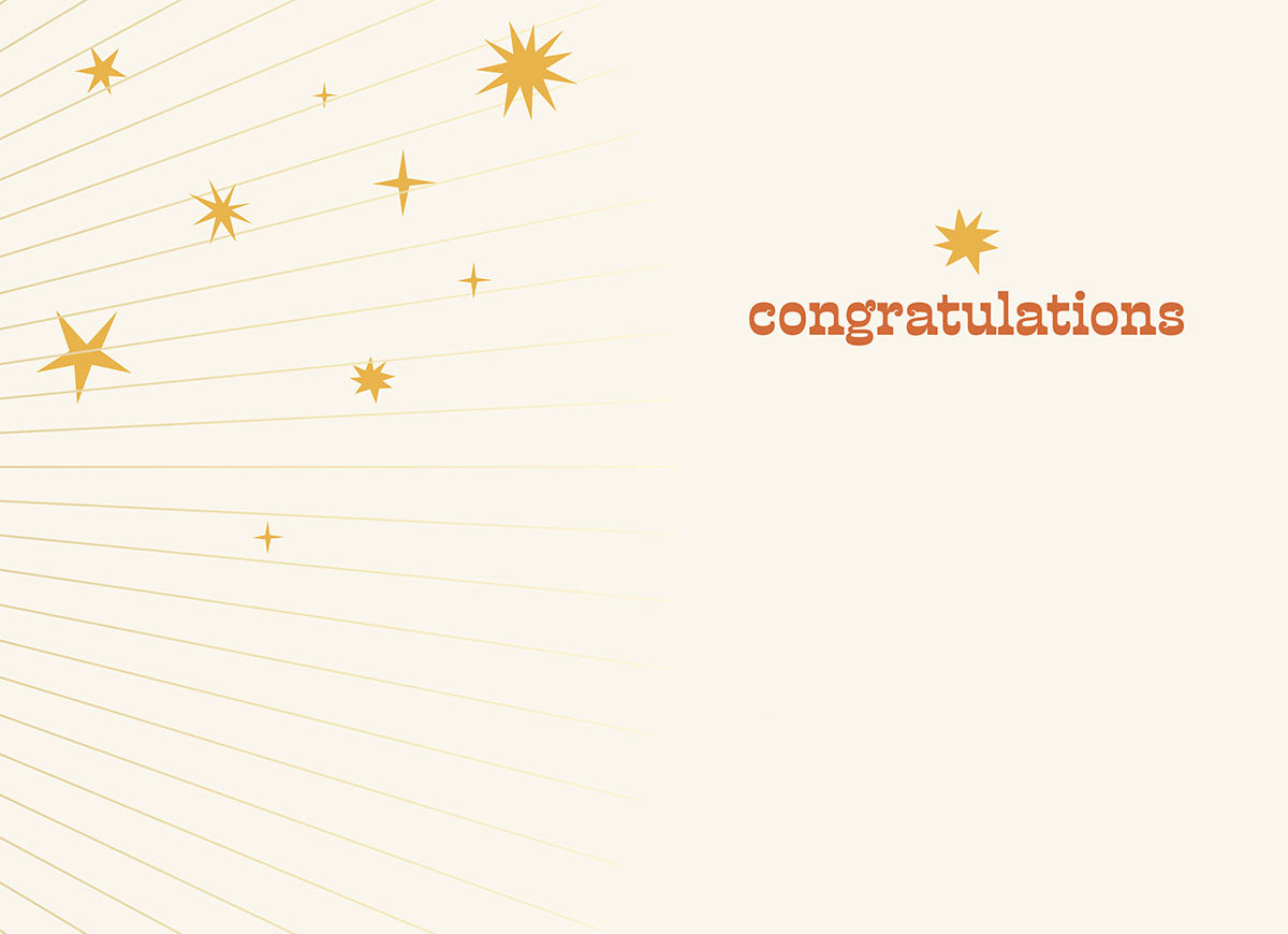 Inside of a new baby greeting card showing a cream background with golden sunburst lines and scattered stars, featuring the word 'congratulations' in orange text on the right side, ready for a heartfelt message.