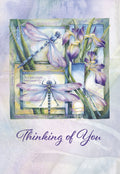 Watercolor thinking of you greeting card for friends, featuring vibrant purple irises and majestic dragonflies, including Emperor and Damsel varieties, set against a serene sunset landscape. Perfect for expressing heartfelt sentiment.
