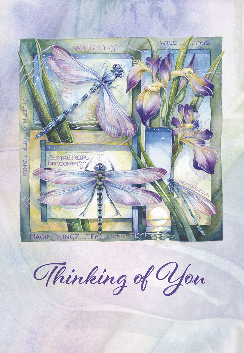Watercolor thinking of you greeting card for friends, featuring vibrant purple irises and majestic dragonflies, including Emperor and Damsel varieties, set against a serene sunset landscape. Perfect for expressing heartfelt sentiment.