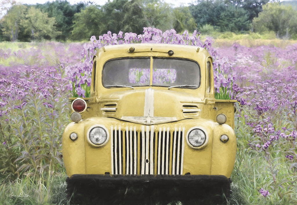 Vintage yellow pickup truck overflowing with vibrant purple flowers in a wildflower field, perfect for a lighthearted greeting.