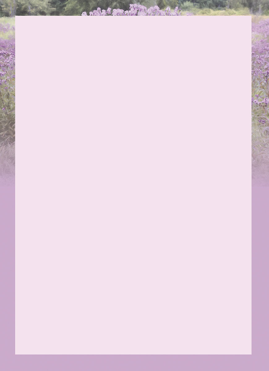 Soft lavender purple background with a subtle floral field fade, ideal for personal messages on a lighthearted card.