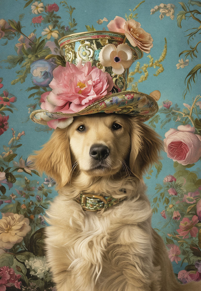 Adorable golden retriever puppy wearing an elegant, ornate floral top hat with pink flowers, set against a vibrant vintage floral wallpaper background. SEO for: cute dog greeting card, golden retriever art, floral hat, unique pet stationery, vintage botanical design.