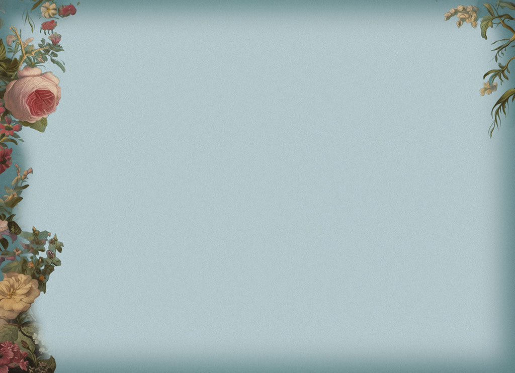 Inside view of a blank light blue greeting card with a subtle texture, featuring elegant vintage floral arrangements along the left margin and a small cluster in the top right corner.