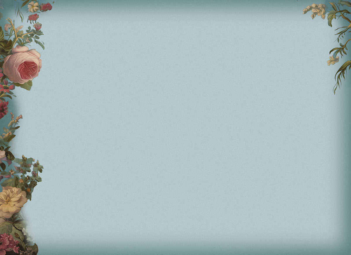 Inside view of a blank light blue greeting card with a subtle texture, featuring elegant vintage floral arrangements along the left margin and a small cluster in the top right corner.