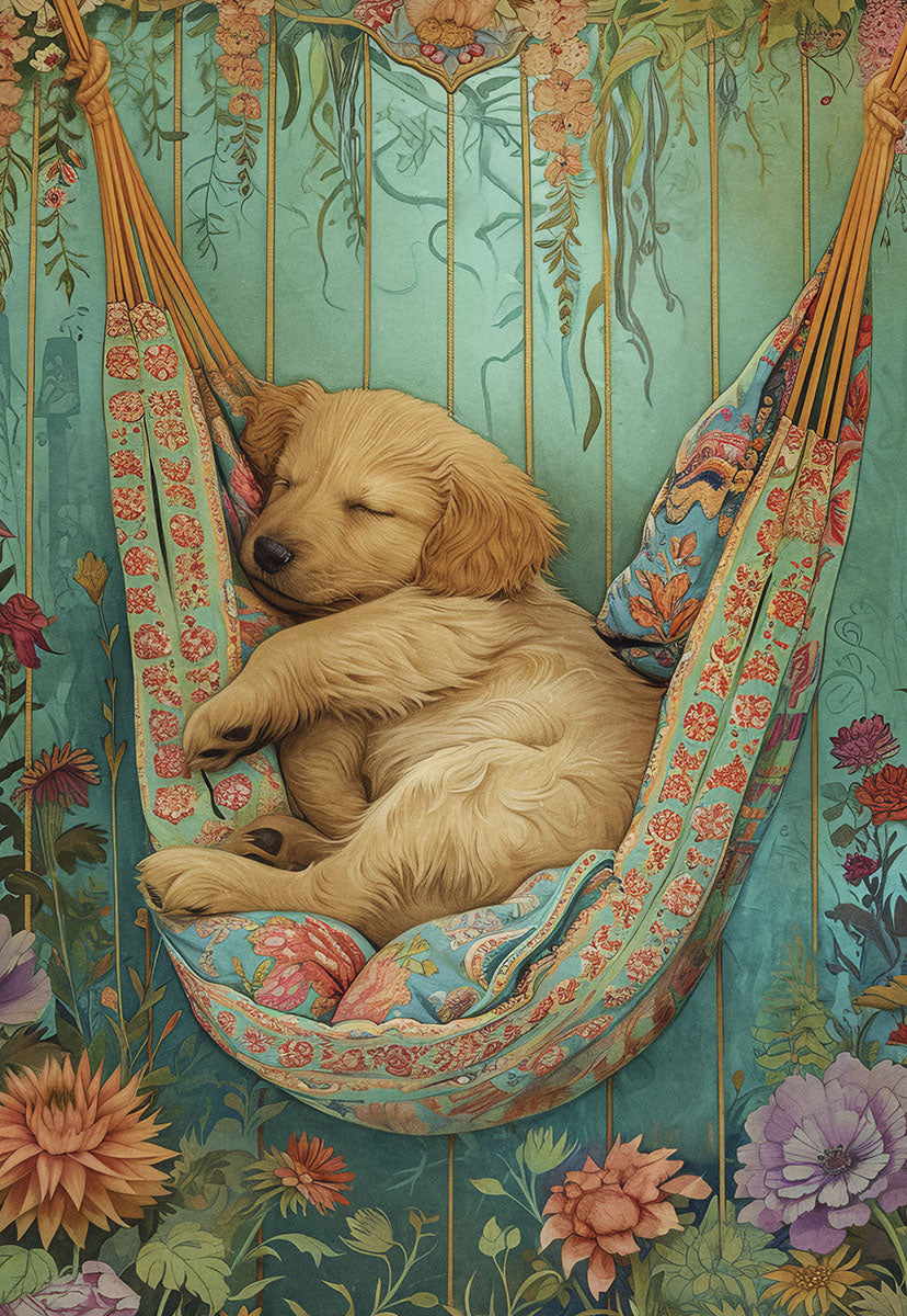 Front of a 'Get Well' greeting card featuring an adorable golden retriever puppy sound asleep in a patterned hammock. The hammock hangs amidst lush, vibrant floral illustrations with teal, green, and warm earthy tones, evoking a serene and cozy atmosphere perfect for a child's recovery.