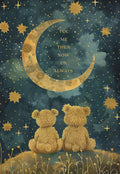 Two teddy bears sit together on a grassy hill, backs to viewer, gazing at a golden crescent moon and shimmering stars in a dark blue sky. The moon is inscribed with 'YOU ME THEN NOW US ALWAYS', symbolizing eternal love and connection. Ideal for romantic partners, anniversaries, or just to express deep affection.