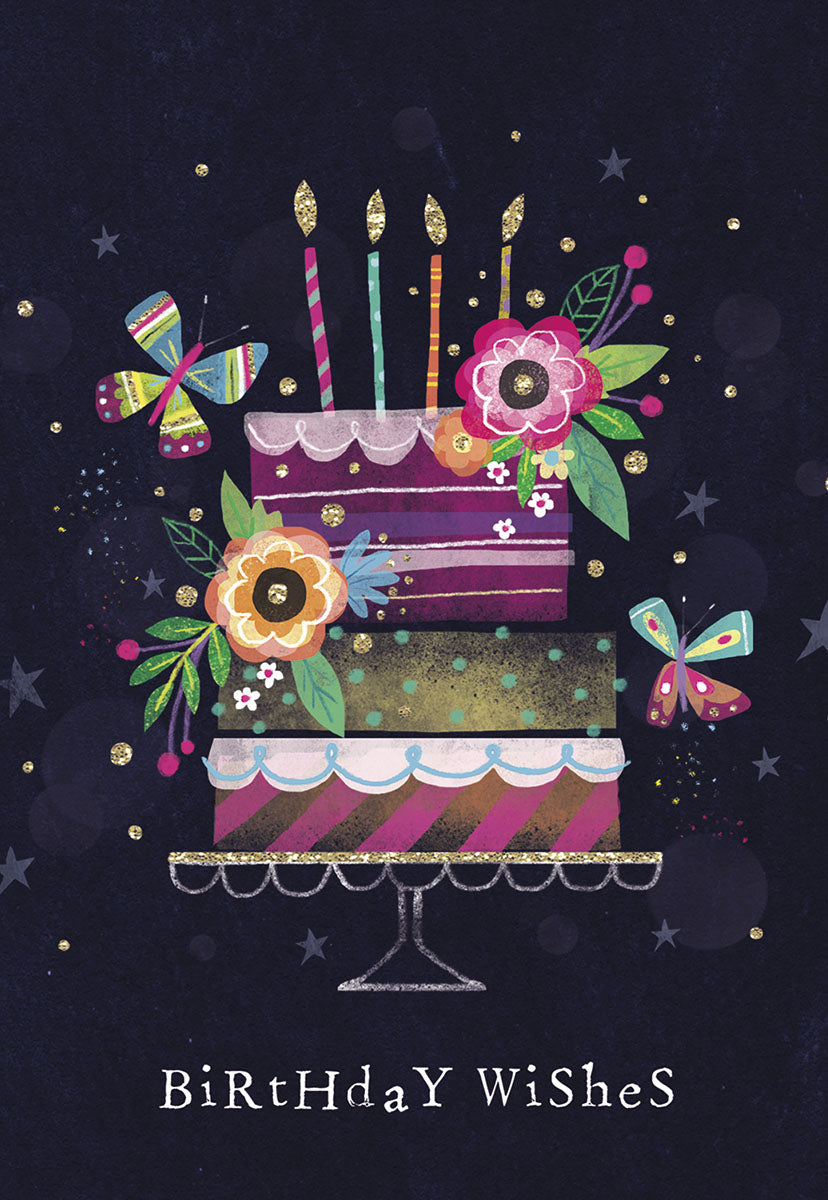 Elegant tiered birthday cake greeting card with lit candles, colorful flowers, vibrant butterflies, and golden glitter stars on a dark navy background, perfect for wishing anyone a joyous celebration.