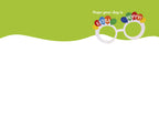 Inside of a humorous greeting card showing white party glasses and text 'Hope your day is EXTRA HOPPY!' on a green and white background, ready for personal well-wishes.