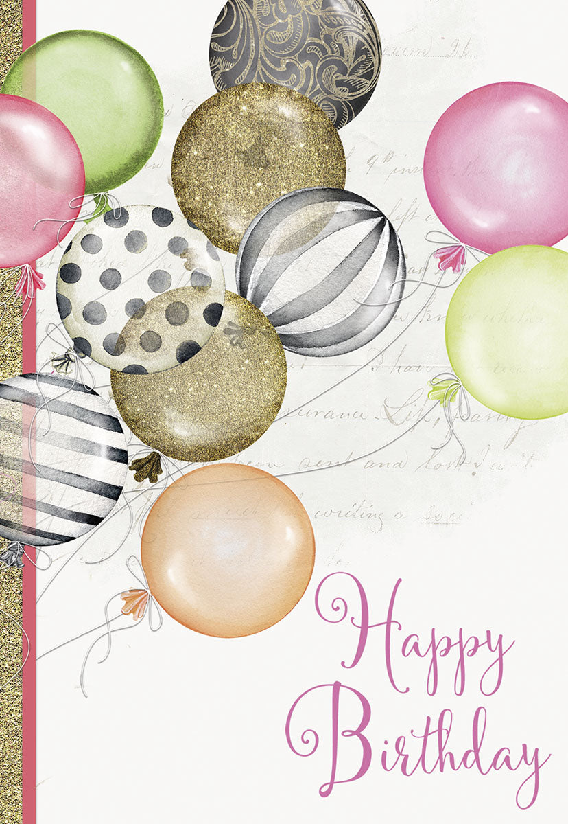 Elegant birthday greeting card for her, featuring vibrant pink, gold glitter, light green, and monochrome striped balloons on a textured white background with 'Happy Birthday' in pink script.