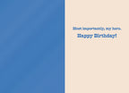 Inside of a thoughtful greeting card for a father, showing 'Most importantly, my hero. Happy Birthday!' on a light beige background with a blue wavy pattern on the left.