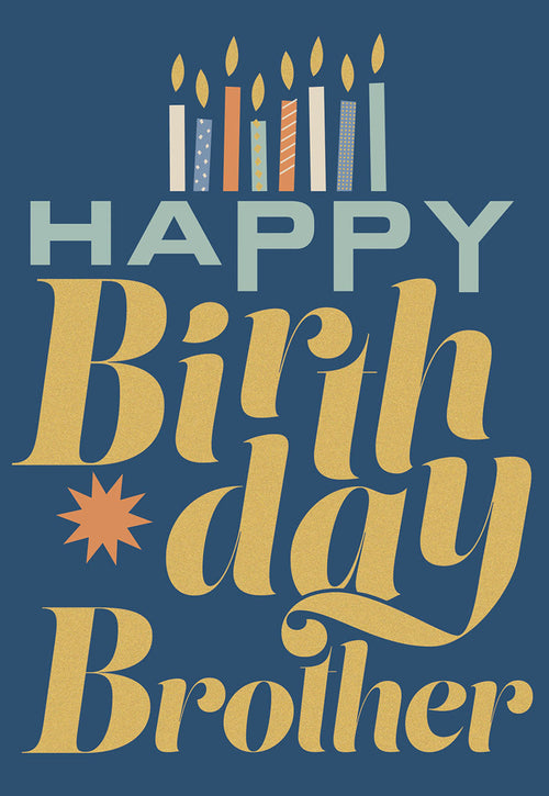 Elegant blue birthday greeting card for brother with 'Happy Birthday Brother' in gold script and light blue, topped with colorful candles.