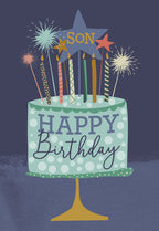 Vibrant blue greeting card for a son featuring a celebratory cake with candles, festive fireworks, and a 'SON' star cake topper on the front.