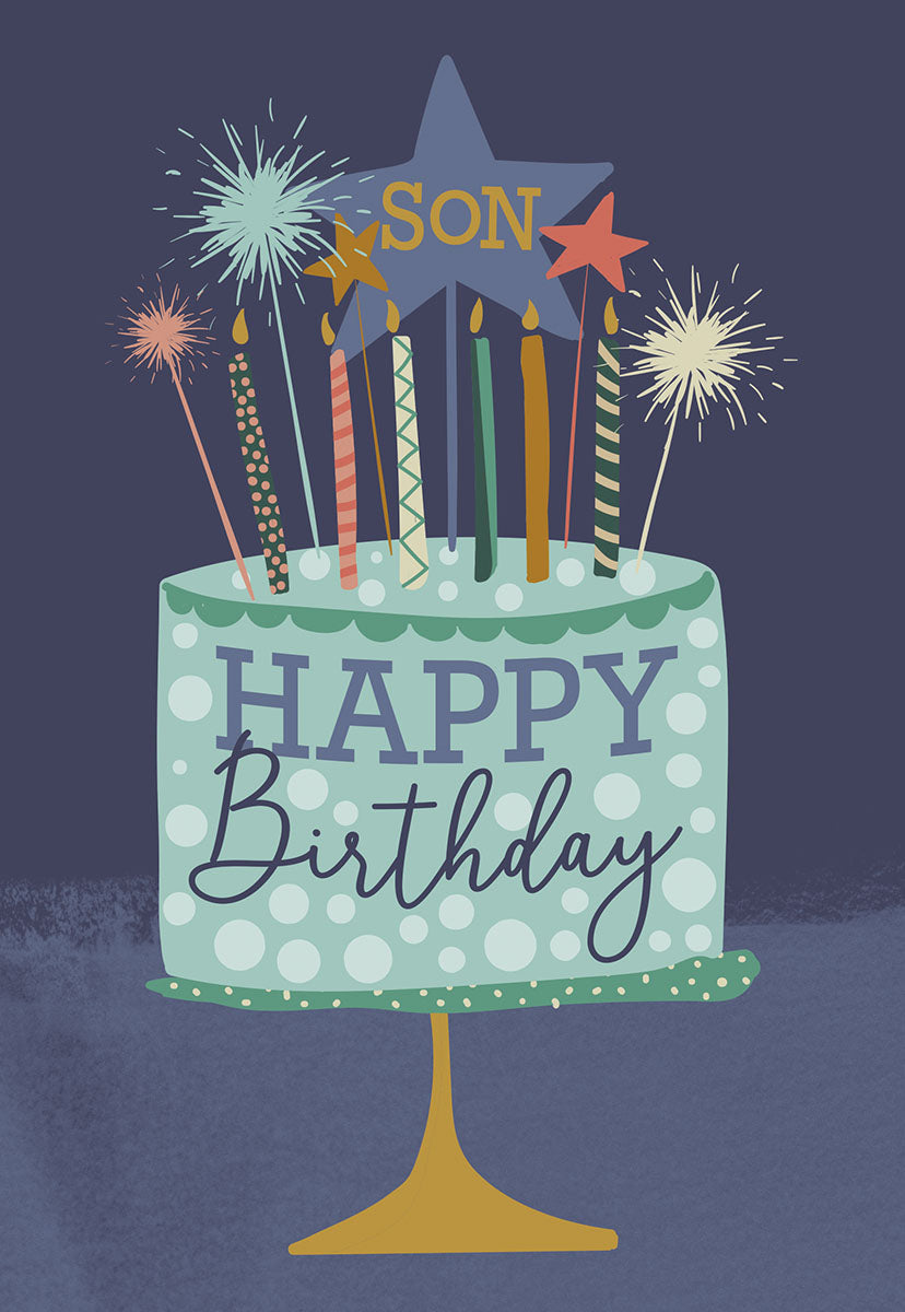 Vibrant blue greeting card for a son featuring a celebratory cake with candles, festive fireworks, and a 'SON' star cake topper on the front.
