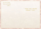 Inside of a religious friendship card, displaying the Bible verse '...let us love one another: for love comes from God. 1 John 4:7' and gold text 'I PRAY YOU NEVER FORGET THAT' on a soft, warm background.