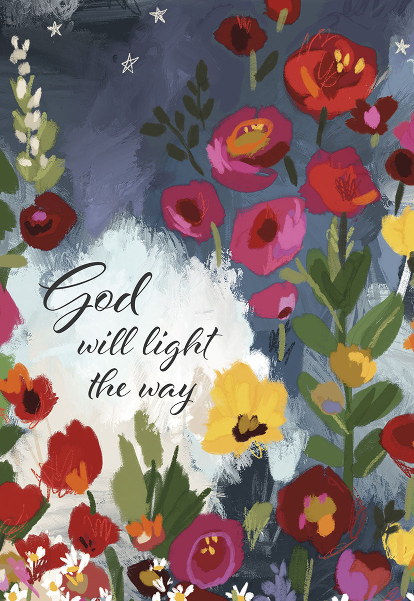 Front of religious greeting card with vibrant floral art, red, pink, yellow flowers, and green leaves on a dark blue background, featuring the comforting message 'God will light the way' in white script.