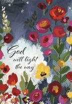 Front of a vibrant floral greeting card with red, pink, and yellow flowers on a dark background, featuring the encouraging script 'God will light the way' and subtle stars.