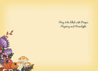 Inside of a lighthearted Halloween greeting card featuring autumn botanicals, pumpkins, and mushrooms in the corner. Text: 'May it be filled with Magic, Mystery and Moonlight.'