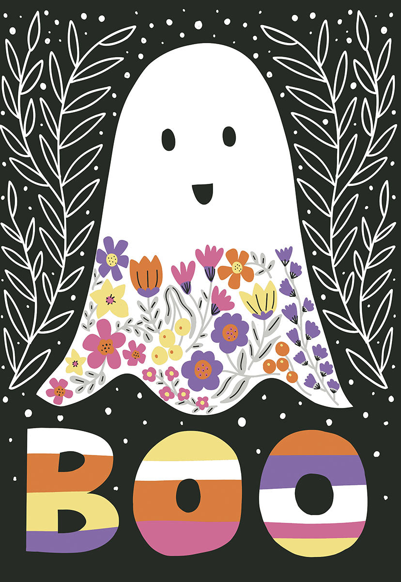 Cute smiling ghost greeting card with colorful floral pattern and 'BOO' message, perfect for a child's spooky season fun.