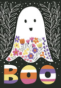 Cute smiling ghost greeting card with colorful floral pattern and 'BOO' message, perfect for a child's spooky season fun.
