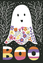 Cute smiling ghost greeting card with colorful floral pattern and 'BOO' message, perfect for a child's spooky season fun.