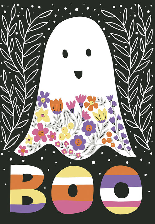 Cute ghost greeting card featuring a friendly white ghost with a base of colorful flowers, white foliage accents, and bright 'BOO' text, perfect for fall celebrations or spooky fun.