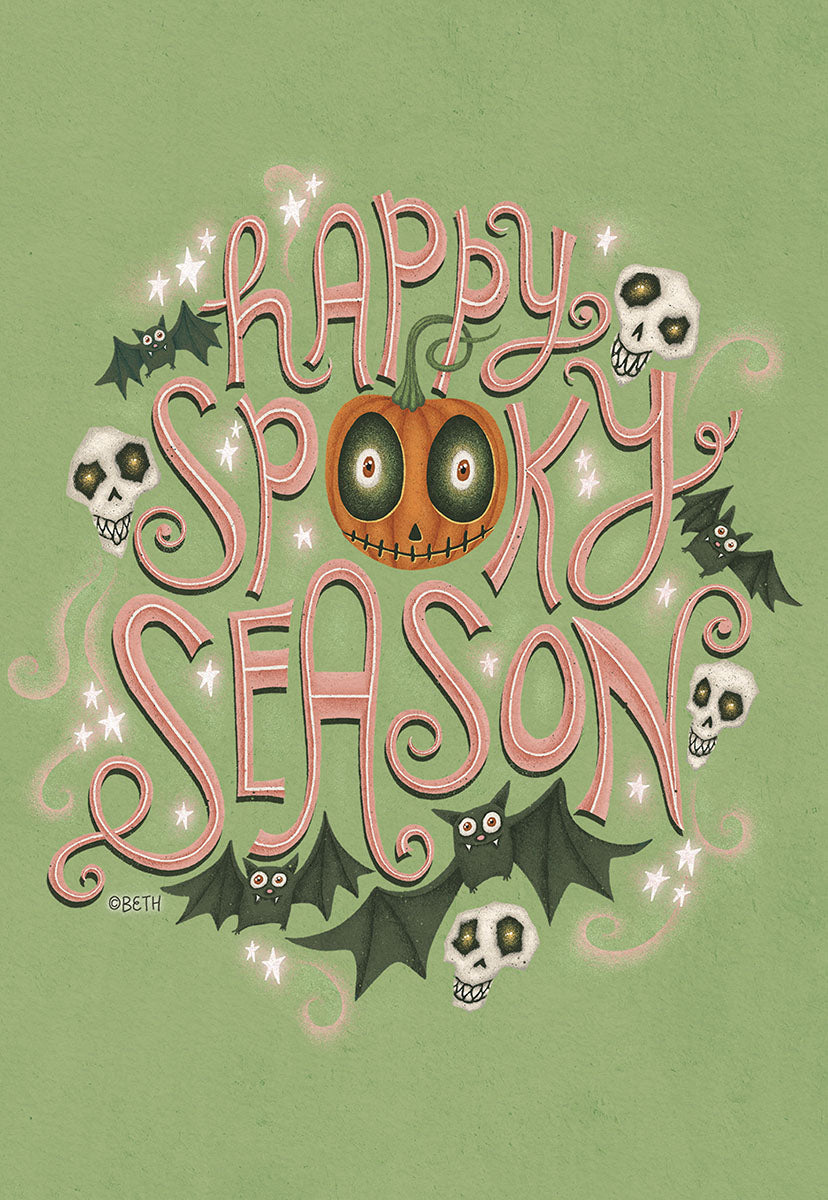 Whimsical Halloween greeting card with 'Happy Spooky Season' text, featuring a cute jack-o'-lantern pumpkin, bats, and grinning skulls on a soft green background.