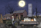 Whimsical Halloween greeting card featuring a skeleton driving a hayride tractor with five friendly ghosts, an illuminated jack-o'-lantern, and pumpkins on a spooky farm under a large full moon with bats flying, perfect for sending lighthearted seasonal wishes to friends.