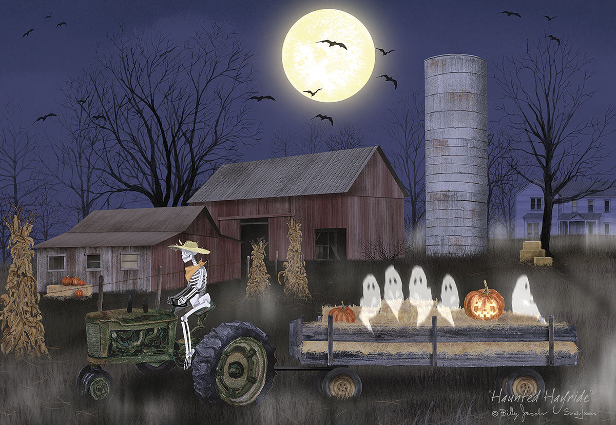 Whimsical Halloween greeting card featuring a skeleton driving a hayride tractor with five friendly ghosts, an illuminated jack-o'-lantern, and pumpkins on a spooky farm under a large full moon with bats flying, perfect for sending lighthearted seasonal wishes to friends.