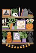 Front of a cute spooky bookshelf greeting card for friends, featuring a witch hat, skull, candles, pumpkin, black cat, crow, and spell books on wooden shelves with candy corn garland.