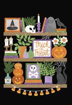 Front of a cute spooky bookshelf greeting card for friends, featuring a witch hat, skull, candles, pumpkin, black cat, crow, and spell books on wooden shelves with candy corn garland.