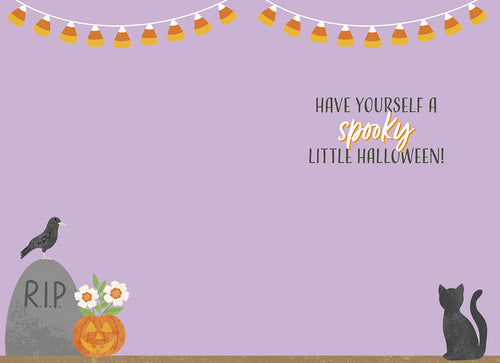 Inside of a cute, light purple Halloween greeting card with 'Have yourself a spooky little Halloween!' text, featuring a small tombstone, raven, flowers, mini jack-o'-lantern, and black cat.