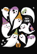 Cute Halloween greeting card featuring a group of friendly, cartoon ghosts dressed in various costumes like a pirate, witch, superhero, and wizard, with one ghost saying 'HEY BOO!' in a speech bubble, all on a black background. Perfect for kids.