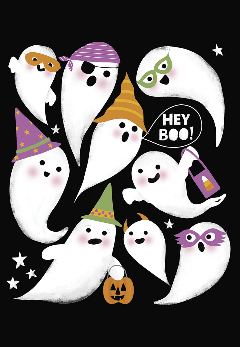 Adorable illustration of multiple friendly white ghosts in various witch, pirate, and superhero costumes on a black background, with one ghost saying 'HEY BOO!' in a speech bubble, perfect for a cute Halloween greeting card.