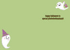 Inside of a cute Halloween greeting card with a light green background, showing two small, happy cartoon ghosts (one with a witch hat, one holding a candy bag) and the playful message 'Happy Halloween to special yOoOoOooOUuuUuu!'. Ideal for children.