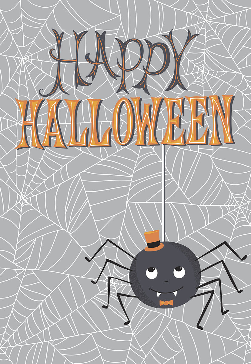 Cute spider in a top hat on a spiderweb background with 'Happy Halloween' text, front of a greeting card.