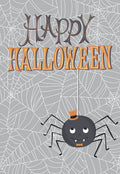 Cute spider in a top hat on a spiderweb background with 'Happy Halloween' text, front of a greeting card.