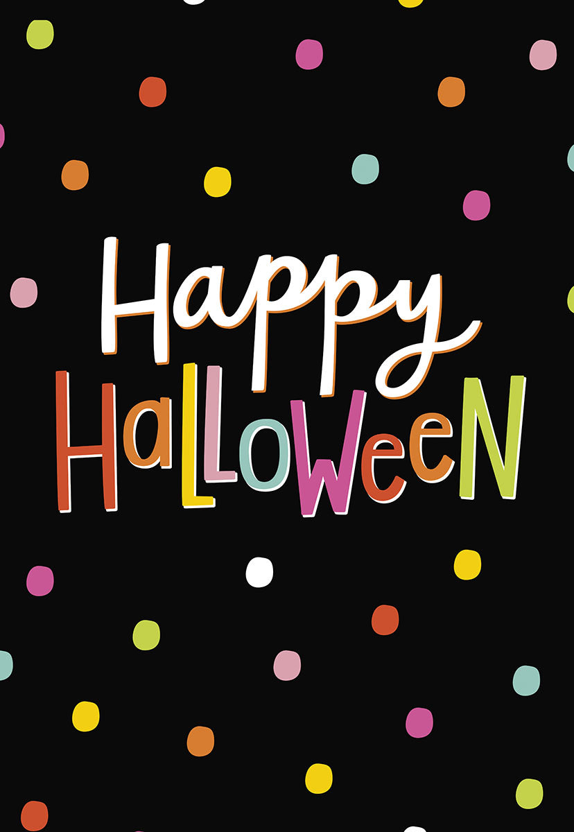 Front of a cheerful Halloween greeting card featuring 'Happy Halloween' in colorful, playful letters against a black background with scattered multi-colored polka dots. Ideal for kids.