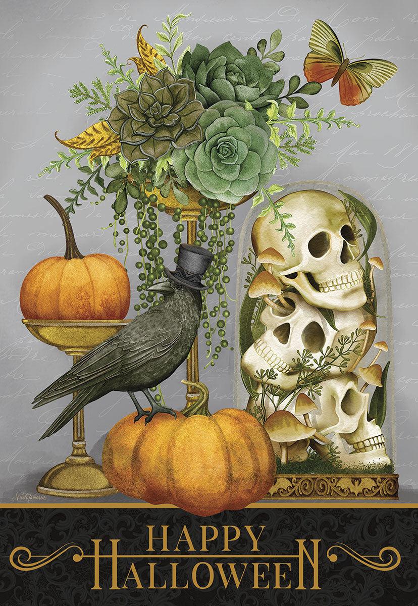 Elegant Halloween greeting card featuring a dapper crow in a top hat on a pumpkin, next to a golden stand with another pumpkin. Behind them, a glass cloche displays stacked skulls with mushrooms, and a lush succulent arrangement with a butterfly. Ornate text reads 'Happy Halloween' on a dark, patterned banner.