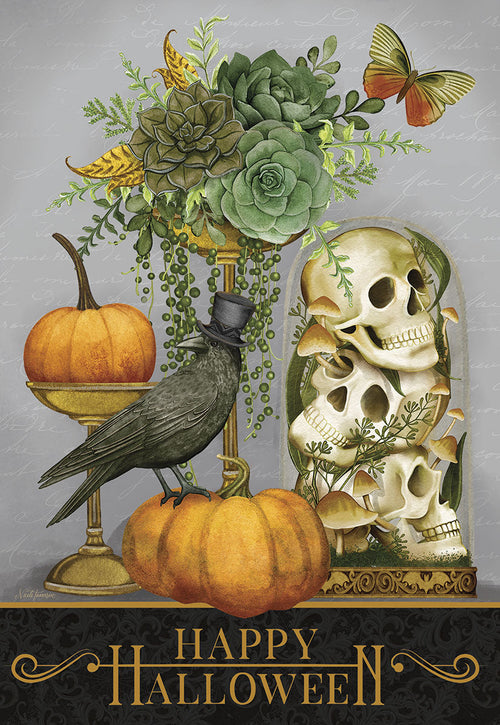 Elegant Halloween greeting card featuring a dapper crow in a top hat on a pumpkin, next to a golden stand with another pumpkin. Behind them, a glass cloche displays stacked skulls with mushrooms, and a lush succulent arrangement with a butterfly. Ornate text reads 'Happy Halloween' on a dark, patterned banner.